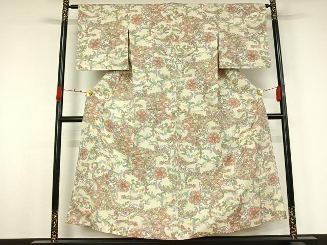 平和屋着物▽上質な紬 単衣 雪輪花文 正絹 逸品 AABJ9827jh