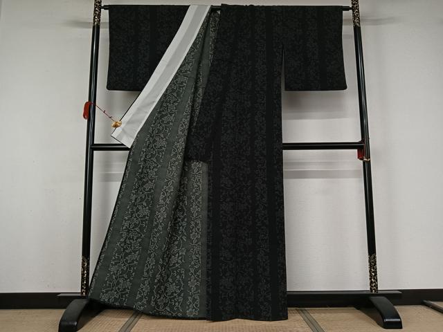 平和屋着物▽小紋 単衣 花唐草文 黒地 洗える着物 AABJ9840jh