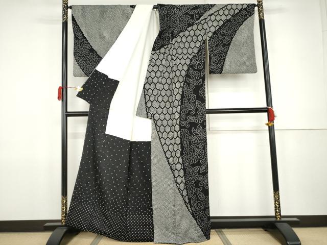 平和屋着物●訪問着 総絞り 亀甲草花文 黒地 正絹 逸品 AABJ9872cs