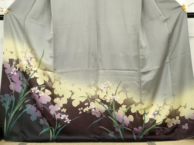 平和屋着物●訪問着 枠風情 枝花文 蔦の葉シルエット 暈し染め 銀彩 ロング丈 正絹 逸品 AABJ9881cs