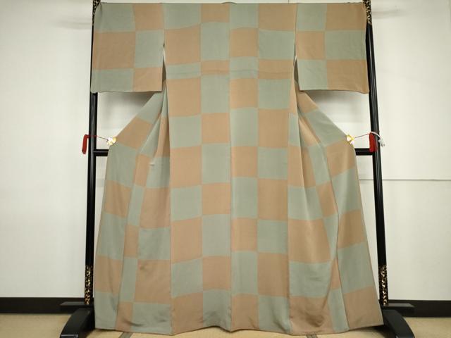 平和屋着物●上質な小紋 鹿の子市松文 鬼しぼ縮緬 正絹 逸品 AABJ9897cs