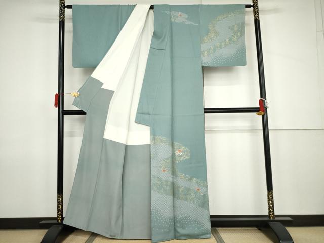 平和屋着物●訪問着 駒刺繍 流水に橘 金糸 金彩 正絹 逸品 AABJ9924cs