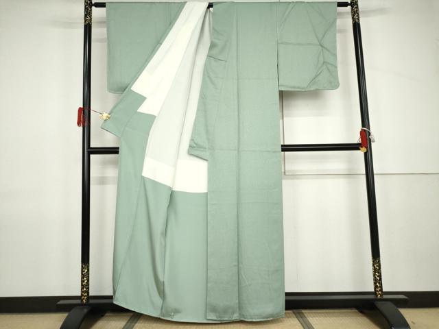 平和屋着物●京加賀友禅 百貫達雄監修 色無地 霞地紋 錆青磁色 正絹 逸品 未使用 AABJ9944cs