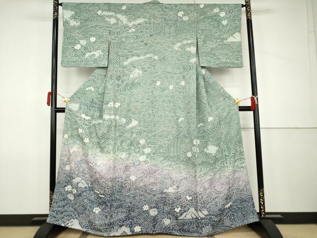 平和屋着物●名門 藤娘きぬたや・総絞り 訪問着 流水風景文 暈し染め 正絹 逸品 AABJ9965cs
