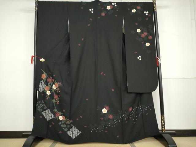 平和屋着物●豪華振袖 絞り 葉桜 黒地 金彩 ますいわ屋扱い 正絹 逸品 AABJ9990cs