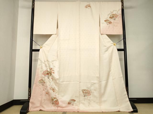 平和屋着物●訪問着 流水扇面花蝶文 暈し染め 金彩 ロング丈 正絹 逸品 AABK0008ck