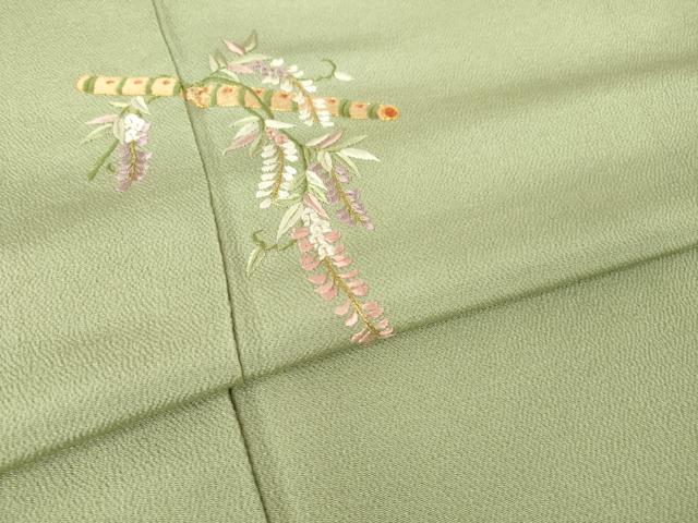 平和屋着物●上質な色無地 総刺繍 楽器花文 鶸茶色 ワンポイント 正絹 逸品 AABK0016ck