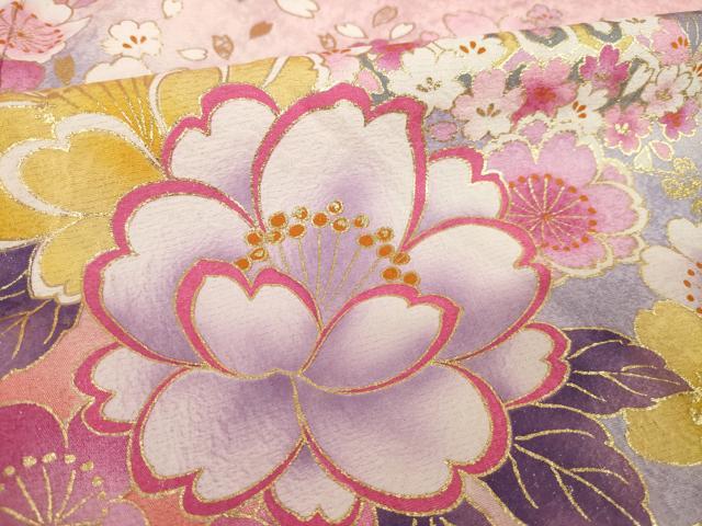 平和屋着物●豪華振袖 刺繍 舞花文 暈し染め 金糸 金彩 銀通し地 ロング丈 正絹 逸品 未使用 AABK0041ck