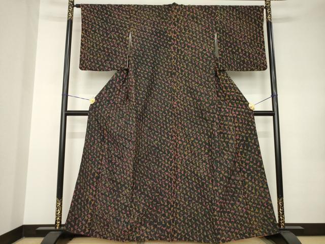 平和屋着物●上質な小紋 紬地 総絞り 黒地 正絹 逸品 AABK0072ck