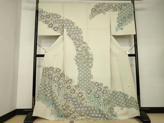 平和屋着物●樋熊哲也 訪問着 辻が花 絞り 手描き 訪問着 辻が花 雪輪重ね花文 正絹 逸品 AABK0073ck