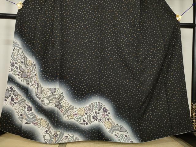 平和屋着物●訪問着 辻が花 道長花文 暈し染め 黒地 金彩 さが美扱い 正絹 逸品 AABK0076ck