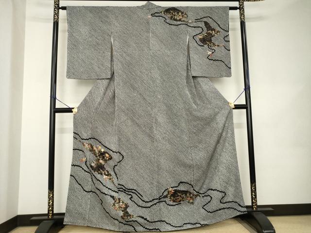 平和屋着物●訪問着 総絞り 刺繍 流水花文 黒地 金糸 金彩 正絹 逸品 未使用 AABK0091ck