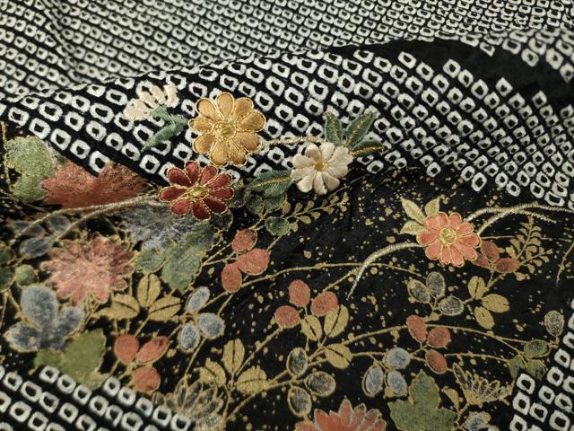 平和屋着物●訪問着 総絞り 刺繍 流水花文 黒地 金糸 金彩 正絹 逸品 未使用 AABK0091ck