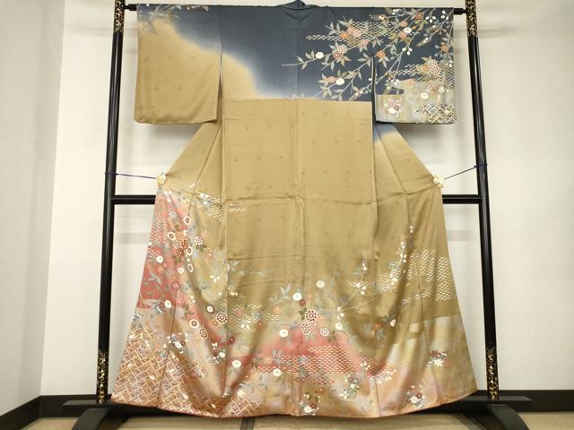平和屋着物●訪問着 作家物 駒刺繍 草花文 暈し染め 正絹 逸品 AABK0110ck
