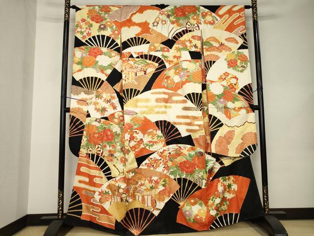 平和屋着物●豪華振袖 駒刺繍 扇面花車文 黒地 金彩 正絹 逸品 AABK0120ck
