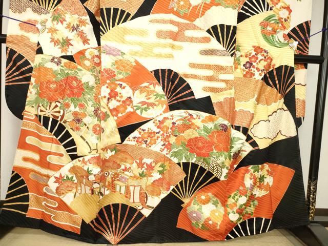 平和屋着物●豪華振袖 駒刺繍 扇面花車文 黒地 金彩 正絹 逸品 AABK0120ck