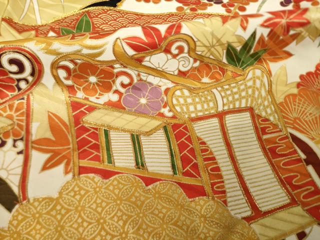 平和屋着物●豪華振袖 駒刺繍 扇面花車文 黒地 金彩 正絹 逸品 AABK0120ck