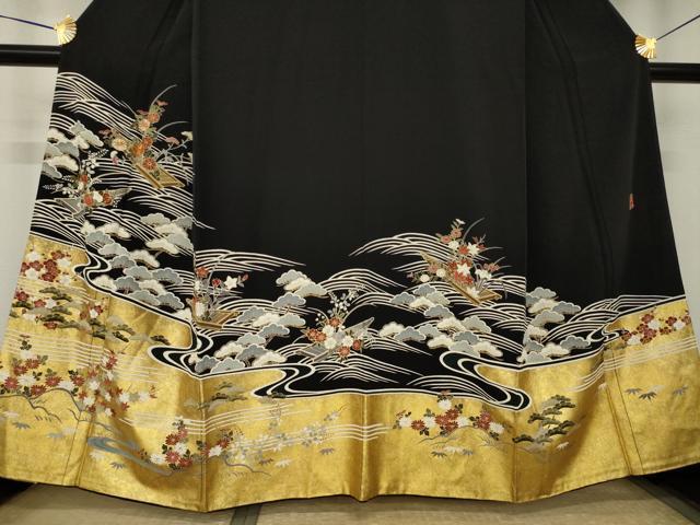 平和屋着物●豪華黒留袖 作家物 駒刺繍 流水花文 船 金彩 正絹 逸品 AABK0129ck