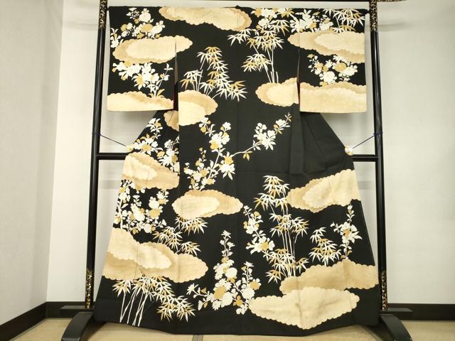 平和屋着物●訪問着 雲重ね花文 黒地 金彩 正絹 逸品 AABK0138ck