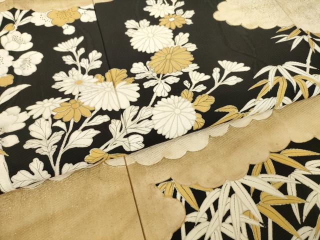 平和屋着物●訪問着 雲重ね花文 黒地 金彩 正絹 逸品 AABK0138ck