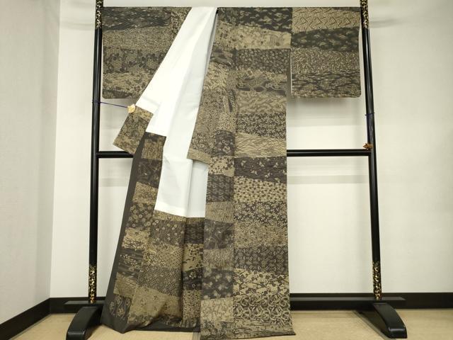 平和屋着物●上質な小紋 紬地 型染め 横段花蝶文 正絹 逸品 AABK0141ck