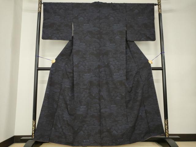 平和屋着物●結城紬 80亀甲 風景文 正絹 逸品 AABK0152ck