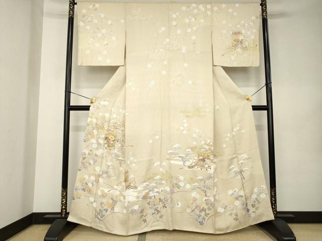 平和屋着物●訪問着 駒刺繍 貝桶花文 正絹 逸品 AABK0157ck