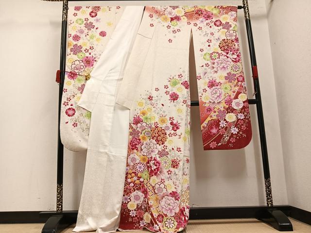 平和屋着物●豪華振袖 刺繍 花尽くし 暈し染め 金銀彩 銀通し地 正絹 逸品 AABK0166ph