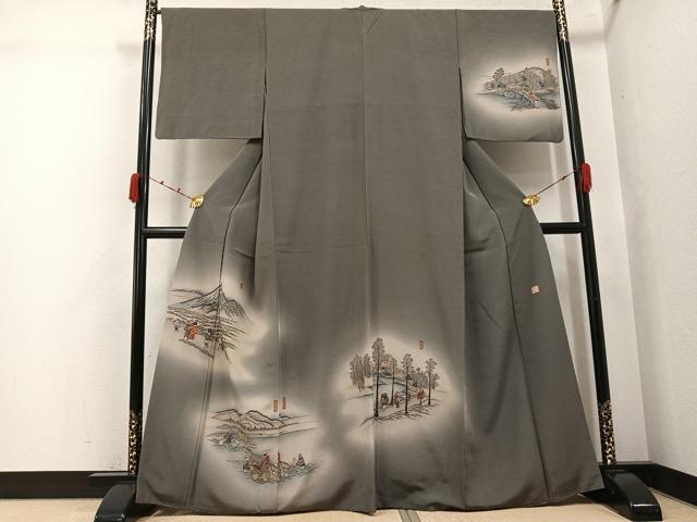 平和屋着物●摺友禅 横塚賢治 訪問着 刺繍 人物風景文 暈し染め 金糸 正絹 逸品 AABK0168ph