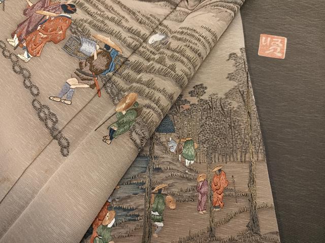 平和屋着物●摺友禅 横塚賢治 訪問着 刺繍 人物風景文 暈し染め 金糸 正絹 逸品 AABK0168ph