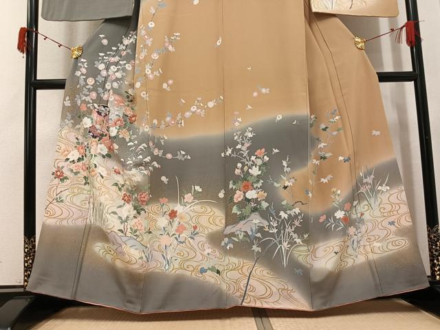 平和屋着物●訪問着 友禅 鴛鴦貝桶草花文 暈し染め 金彩 正絹 逸品 AABK0173ph