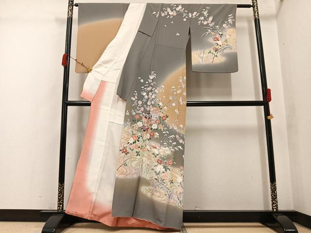平和屋着物●訪問着 友禅 鴛鴦貝桶草花文 暈し染め 金彩 正絹 逸品 AABK0173ph