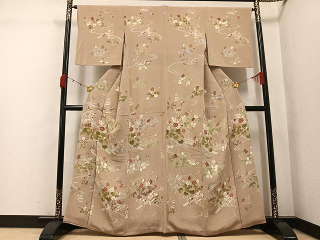 平和屋着物●訪問着 流水花蝶文 金彩 鬼しぼ縮緬 正絹 逸品 AABK0175ph
