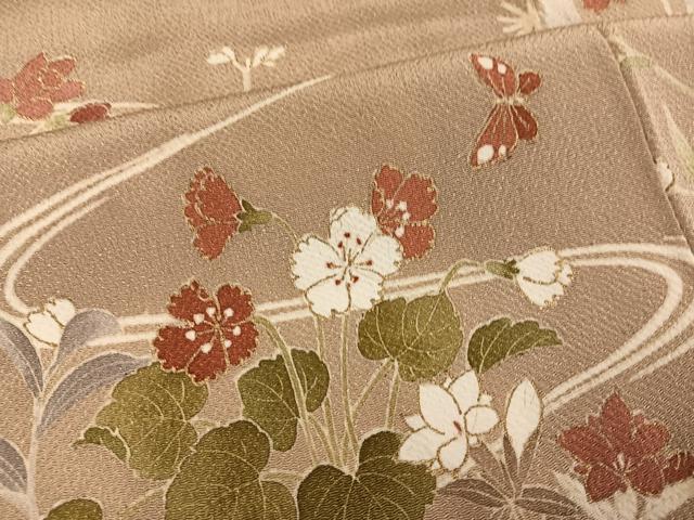 平和屋着物●訪問着 流水花蝶文 金彩 鬼しぼ縮緬 正絹 逸品 AABK0175ph