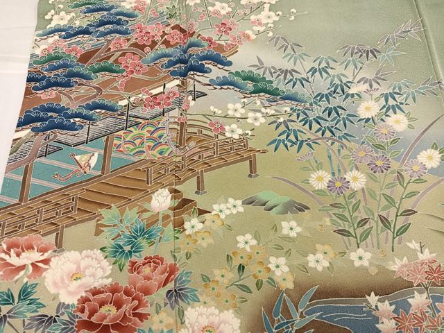 平和屋着物●本加賀友禅作家 奥原一就 色留袖 渡橋風景鴛鴦草花文 暈し染め 色紙付き 正絹 逸品 AABK0188ph