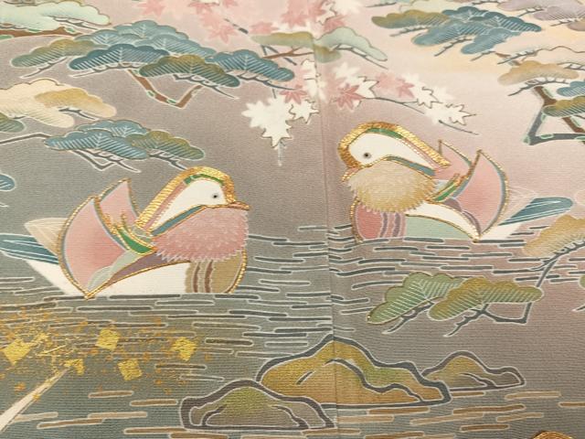 平和屋着物●豪華色留袖 友禅 作家物 駒刺繍 鴛鴦草木文 金彩 正絹 逸品 AABK0192ph