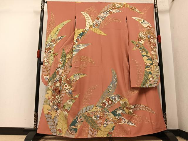 平和屋着物●豪華振袖 駒刺繍 草花文 金彩 正絹 逸品 AABK0207ph