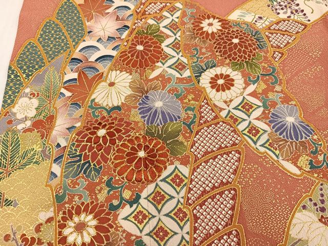 平和屋着物●豪華振袖 駒刺繍 草花文 金彩 正絹 逸品 AABK0207ph