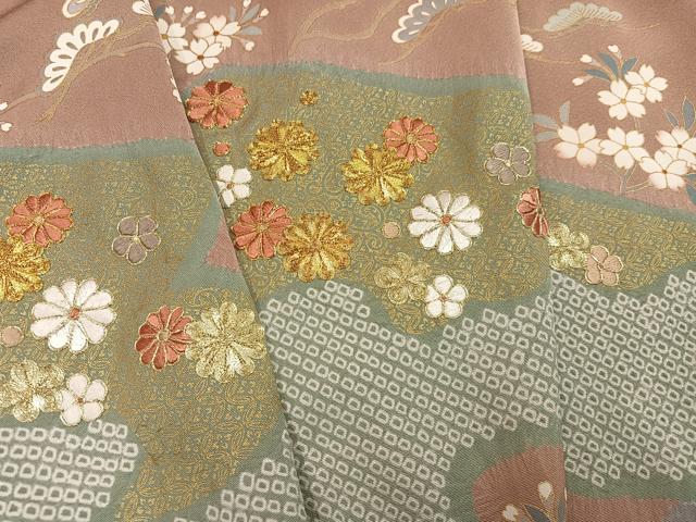 平和屋着物●豪華色留袖 駒刺繍 絞り 草花文 金彩 正絹 逸品 AABK0220ph