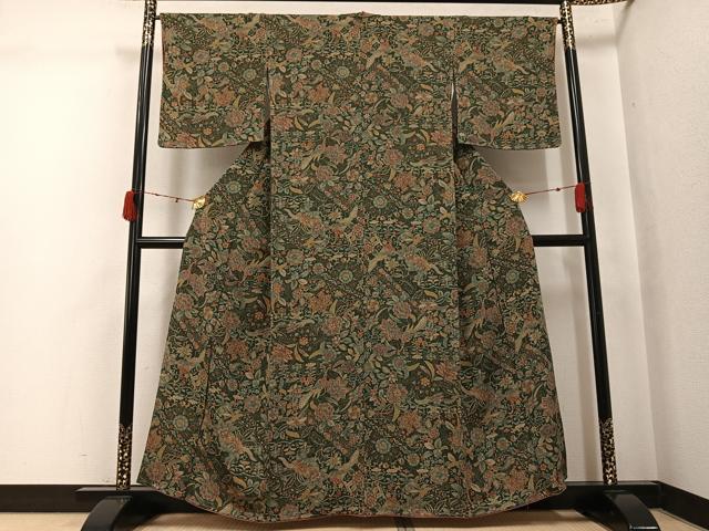 平和屋着物●上質な小紋 更紗花鳥文 金彩 鬼しぼ縮緬 正絹 逸品 未使用 AABK0225ph