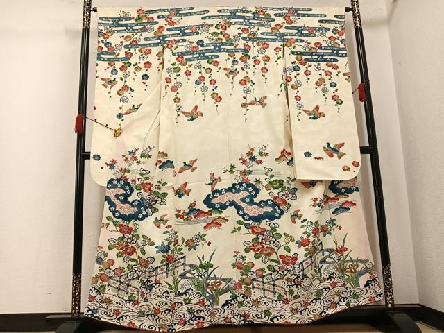 平和屋着物●豪華振袖 型染め 花鳥文 正絹 逸品 AABK0233ph