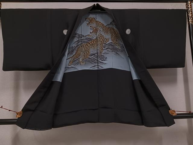 平和屋着物●男性 黒紋付・羽織セット 正絹 逸品 AABK0251ph