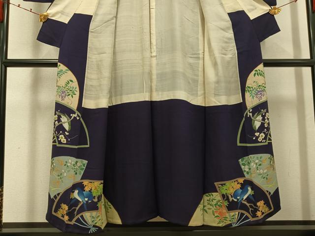 平和屋着物●アンティーク 大正ロマン 色留袖 刺繍 扇面花鳥文 両褄 正絹 逸品 AABK0262ph