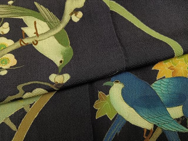 平和屋着物●アンティーク 大正ロマン 色留袖 刺繍 扇面花鳥文 両褄 正絹 逸品 AABK0262ph