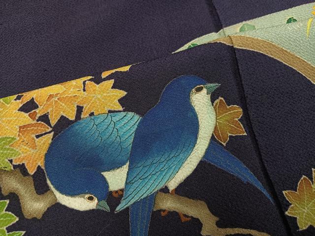平和屋着物●アンティーク 大正ロマン 色留袖 刺繍 扇面花鳥文 両褄 正絹 逸品 AABK0262ph