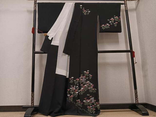 平和屋着物●訪問着 中国三大刺繍 汕頭刺繍 スワトウ刺繍 総刺繍 花蝶文 猫 黒地 金糸 正絹 逸品 AABK0303ph