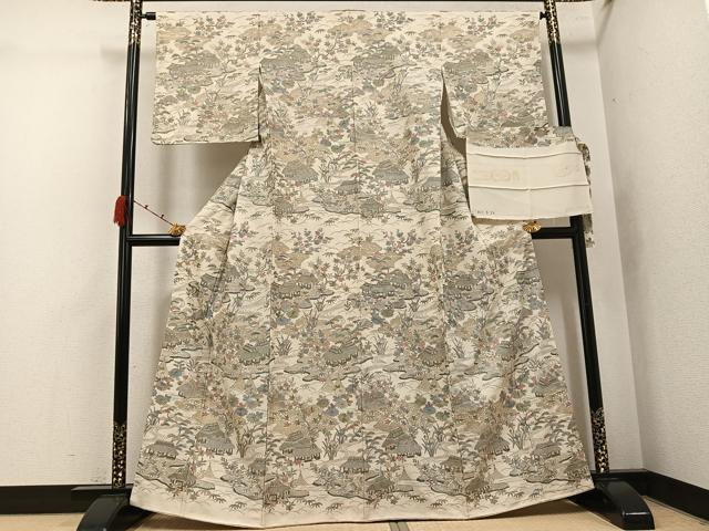 平和屋着物●訪問着 中国三大刺繍 汕頭刺繍 スワトウ刺繍 総刺繍 風景草花文 金糸 丹後ちりめん 反端付き 正絹 逸品 未使用 AABK0306ph