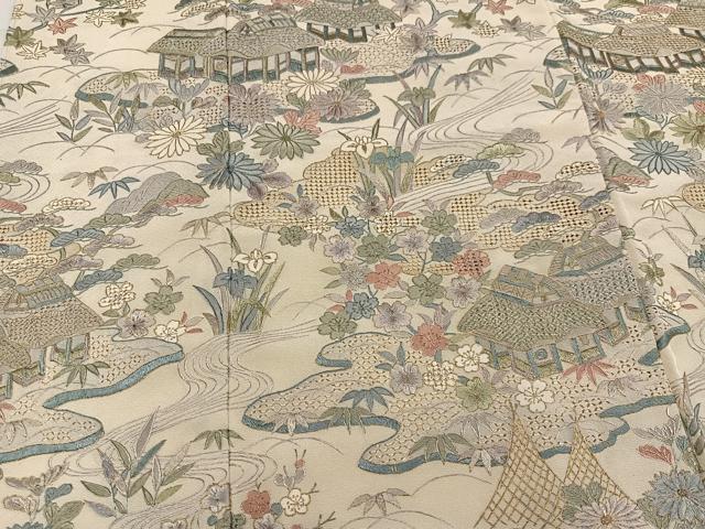 平和屋着物●訪問着 中国三大刺繍 汕頭刺繍 スワトウ刺繍 総刺繍 風景草花文 金糸 丹後ちりめん 反端付き 正絹 逸品 未使用 AABK0306ph