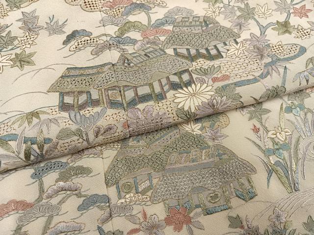 平和屋着物●訪問着 中国三大刺繍 汕頭刺繍 スワトウ刺繍 総刺繍 風景草花文 金糸 丹後ちりめん 反端付き 正絹 逸品 未使用 AABK0306ph