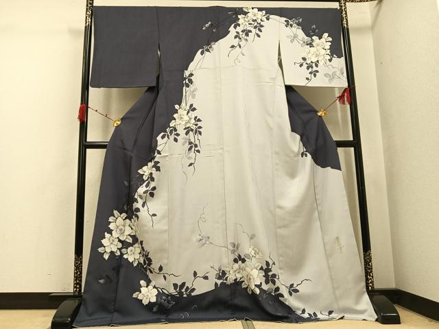平和屋着物●華道家 假屋崎省吾プロデュース きものの世界 訪問着 枝花シルエット 金銀彩 ロング丈 正絹 逸品 AABK0307ph